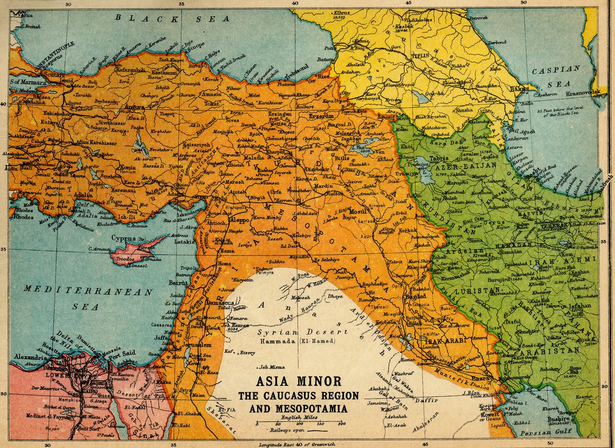 Asia Minor, the Caucasus Region and Mesopotamia, First World War, c1915, c1920 by John Bartholomew and Son