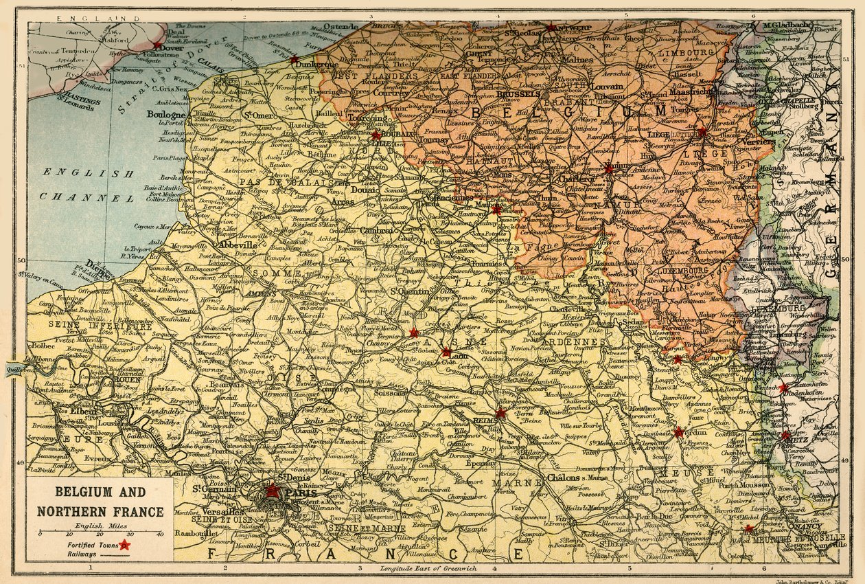 Map of Belgium and Northern France by John Bartholomew and Son