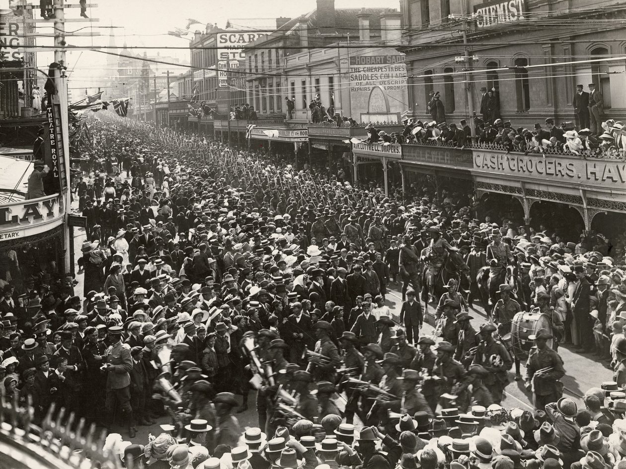The 12th Battalion, AIF, marching through the city prior to embarking for service overseas, Hobart, Tasmania, 14 October 1914 by John Beattie