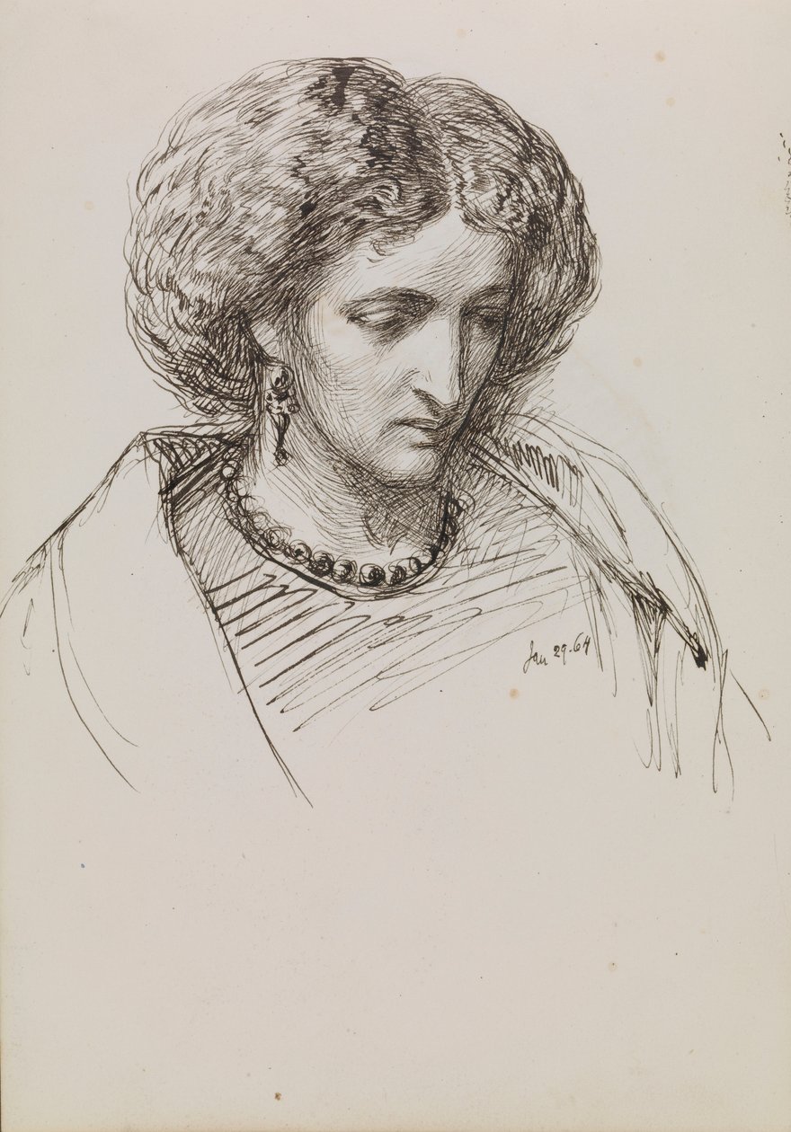 Head and Shoulders Portrait Sketch of Woman with Eyes Downcast by John Brett