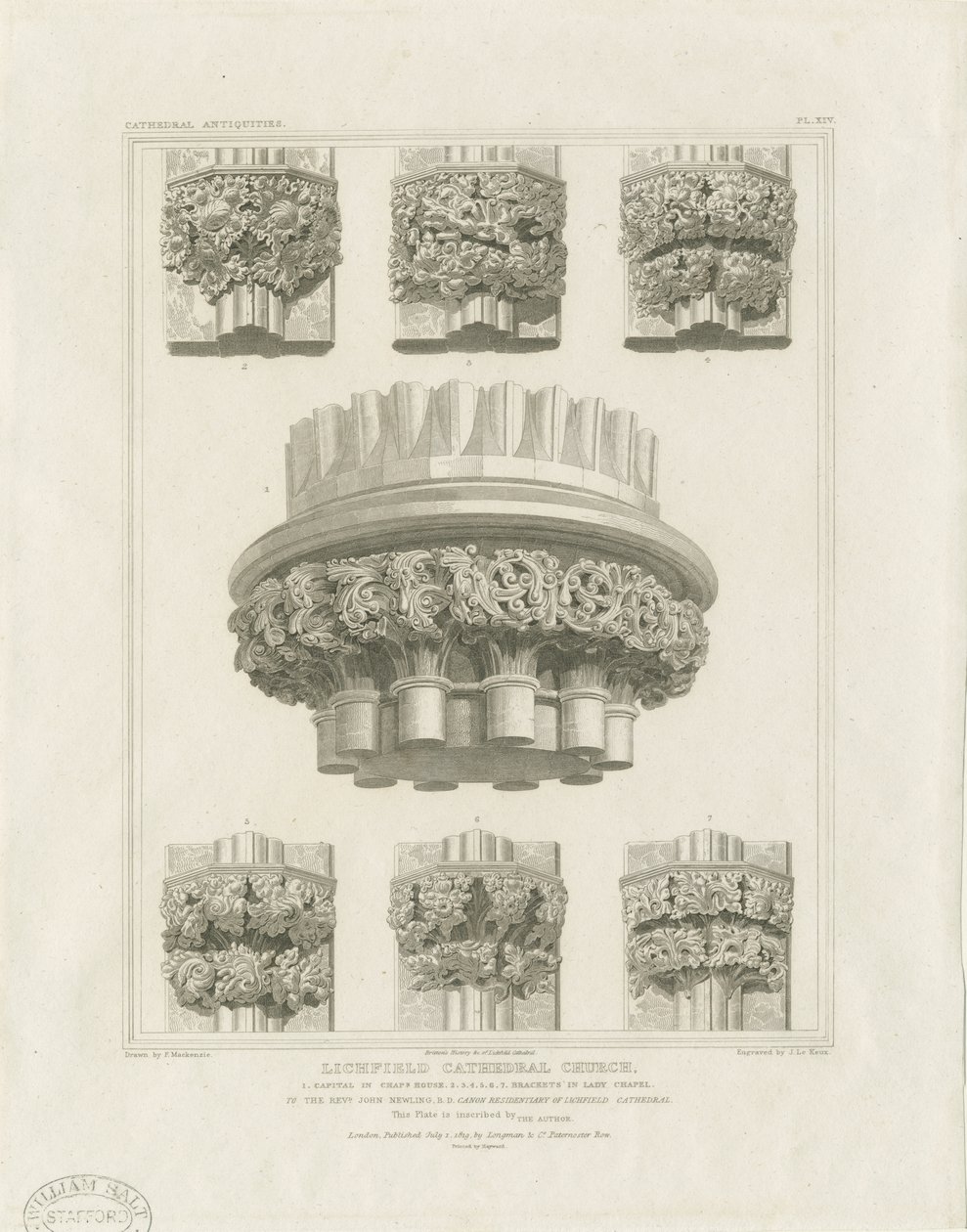 Interior of Lichfield Cathedral - Cluster Pillar in Chapter House and Brackets in Lady Chapel: Engraving by John Britton