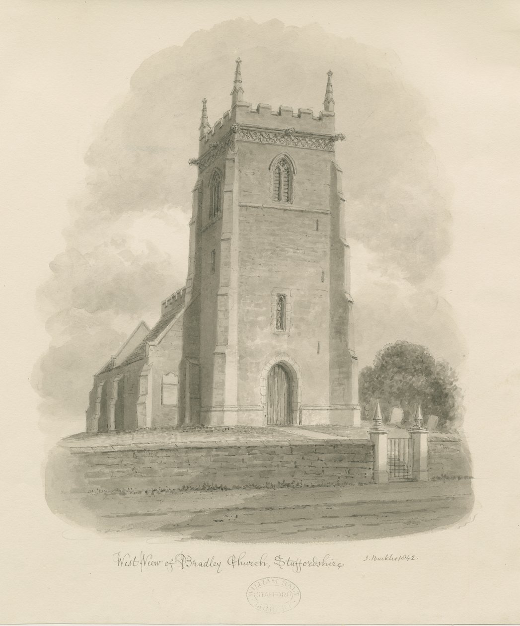 Bradley Church: Sepia Drawing by John Buckler