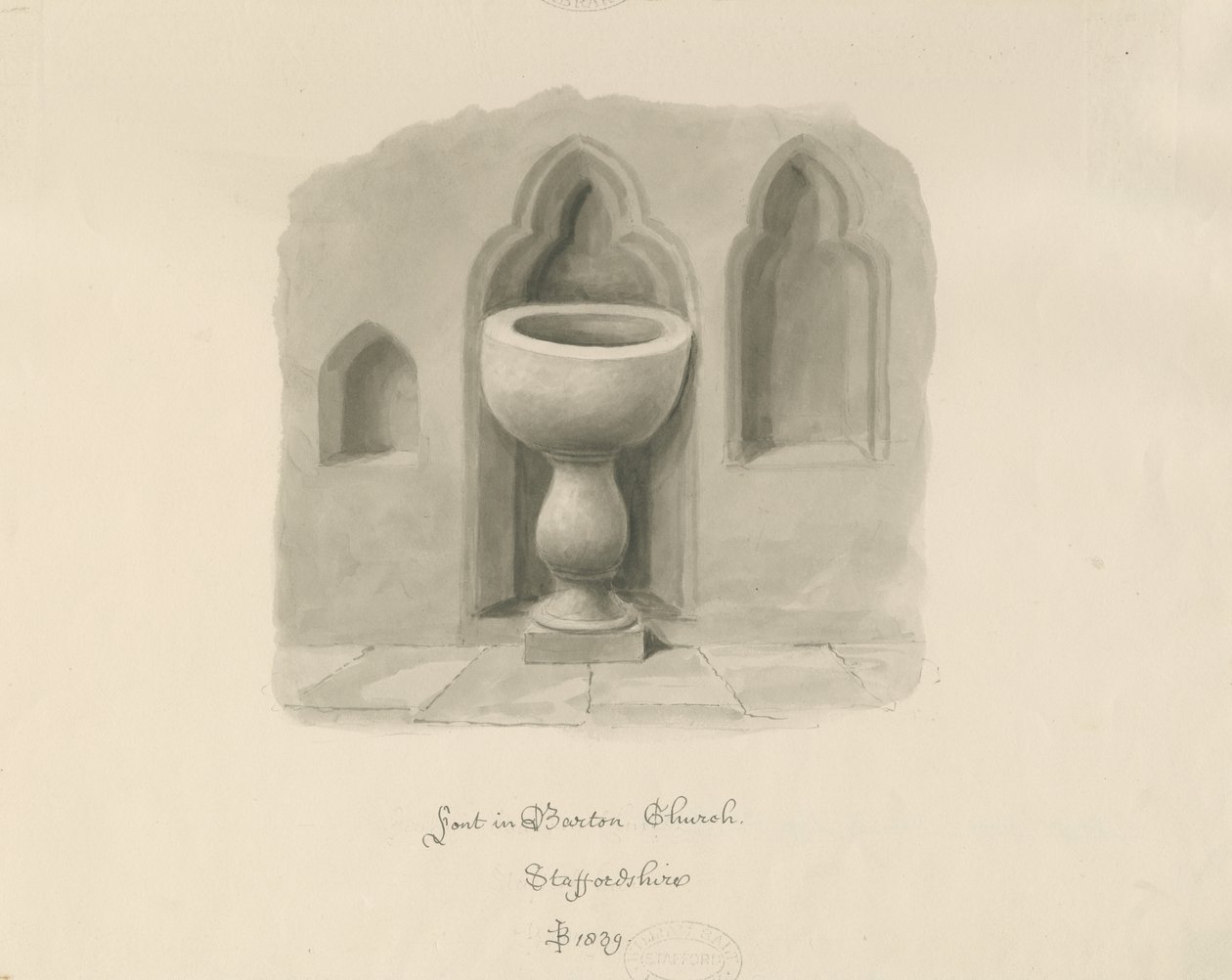 Font in Barton under Needwood Church by John Buckler