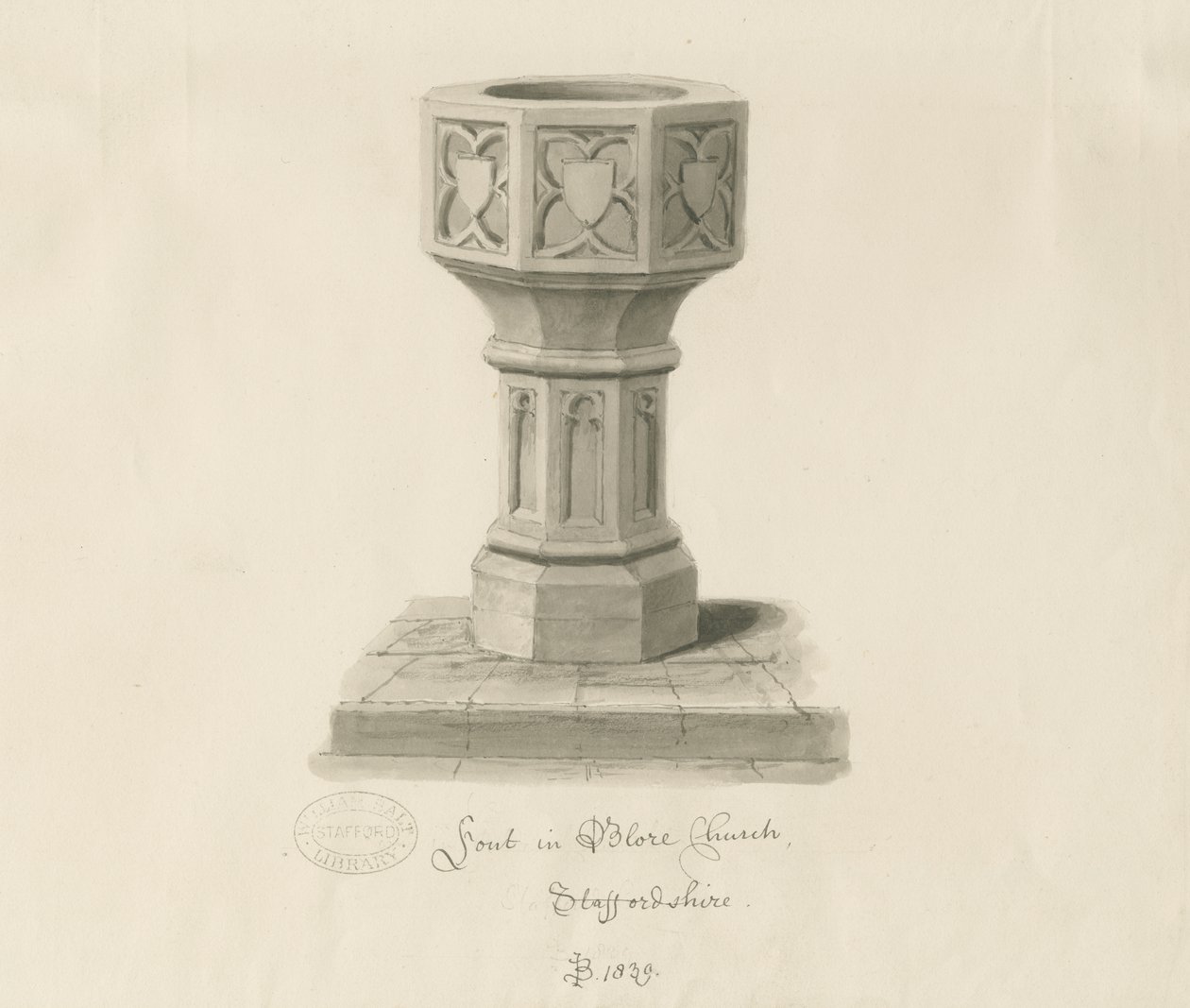 Font in Blore Church by John Buckler