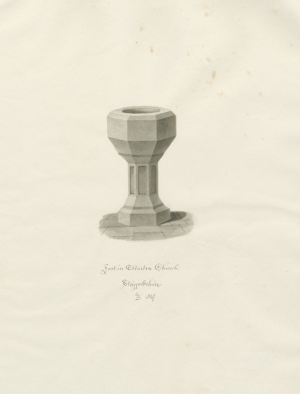 Font in Ellastone Church by John Buckler