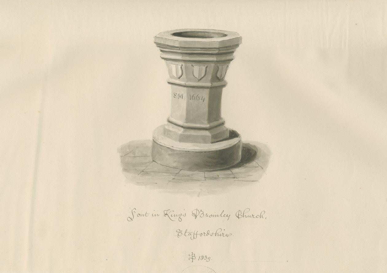 Font in Kings Bromley Church by John Buckler