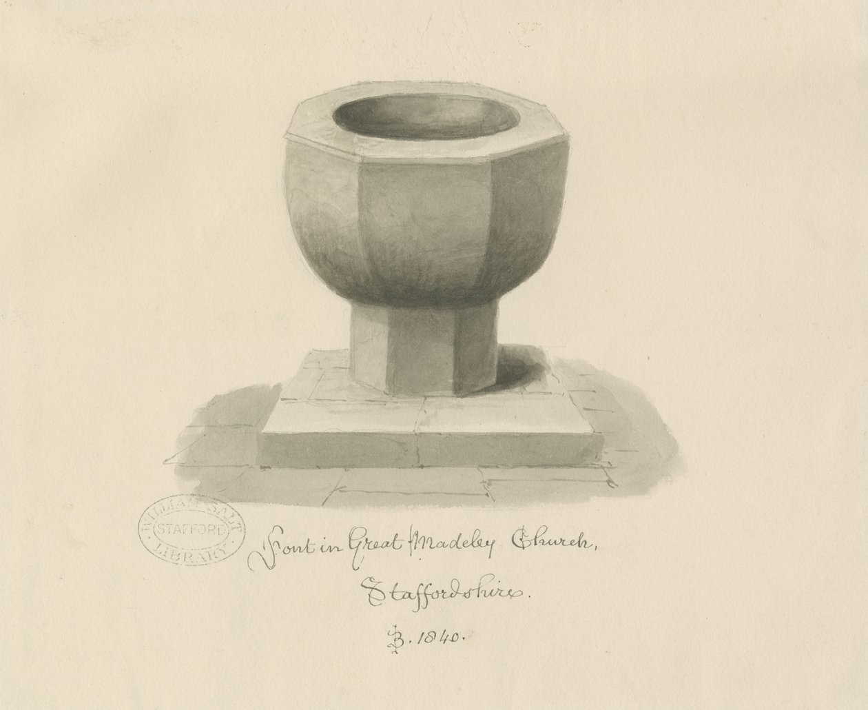 Font in Madeley Church by John Buckler