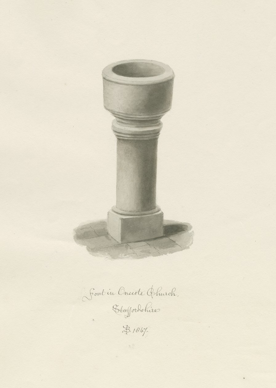 Font in Onecote Church: sepia drawing by John Buckler