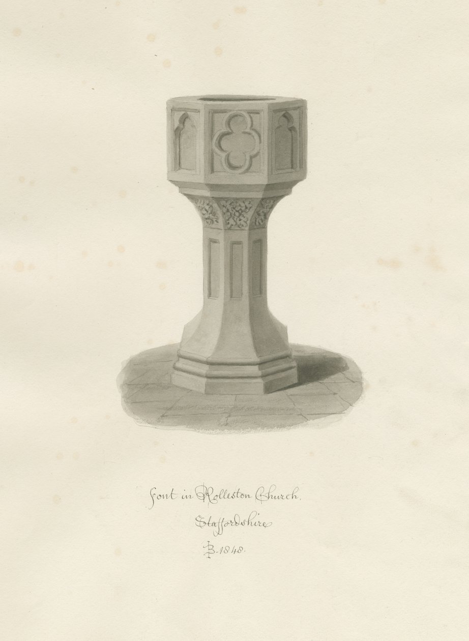 Font in Rolleston Church (sepia drawing), 1848 by John Buckler
