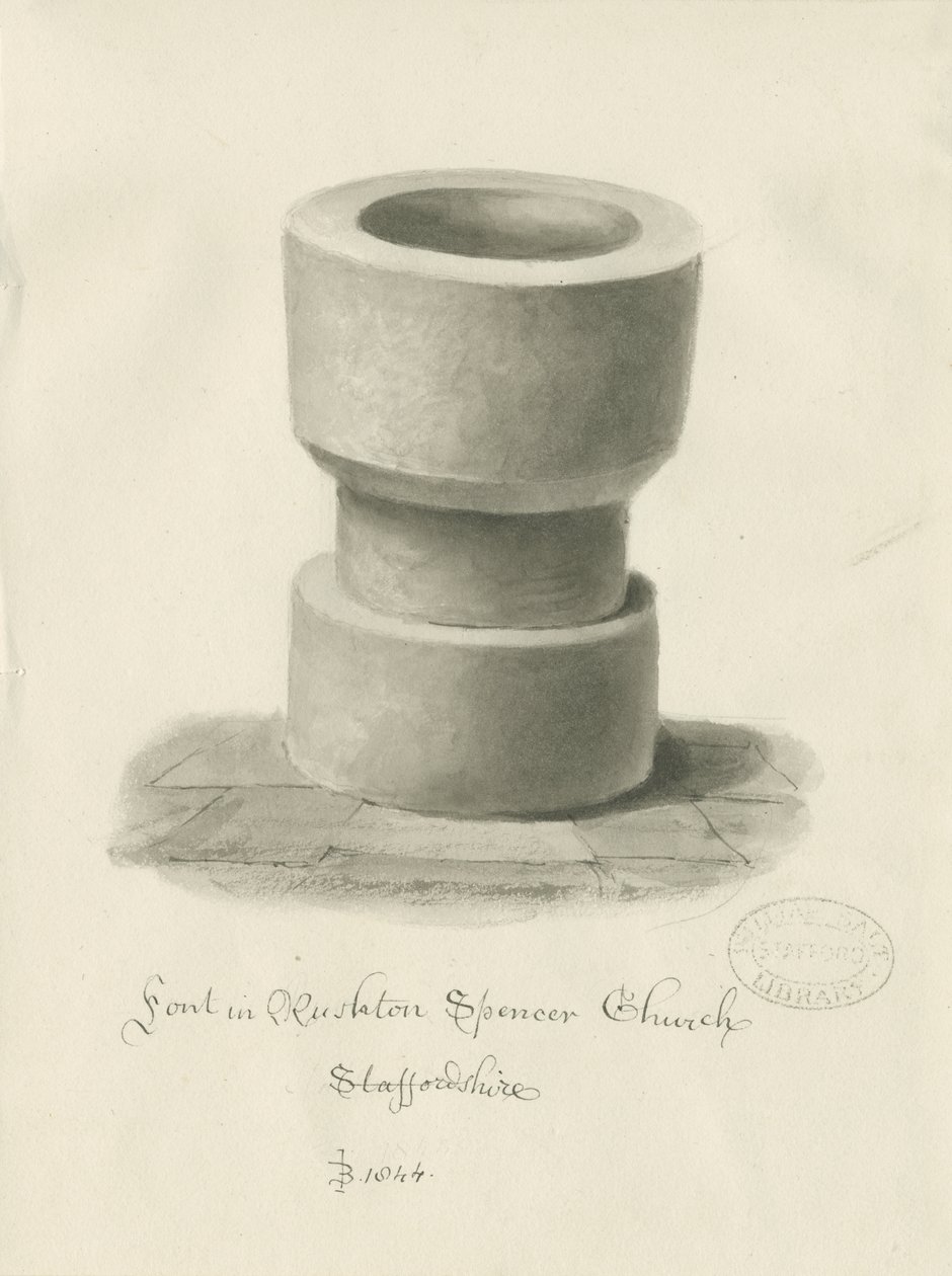 Font in Rushton Spencer Church by John Buckler