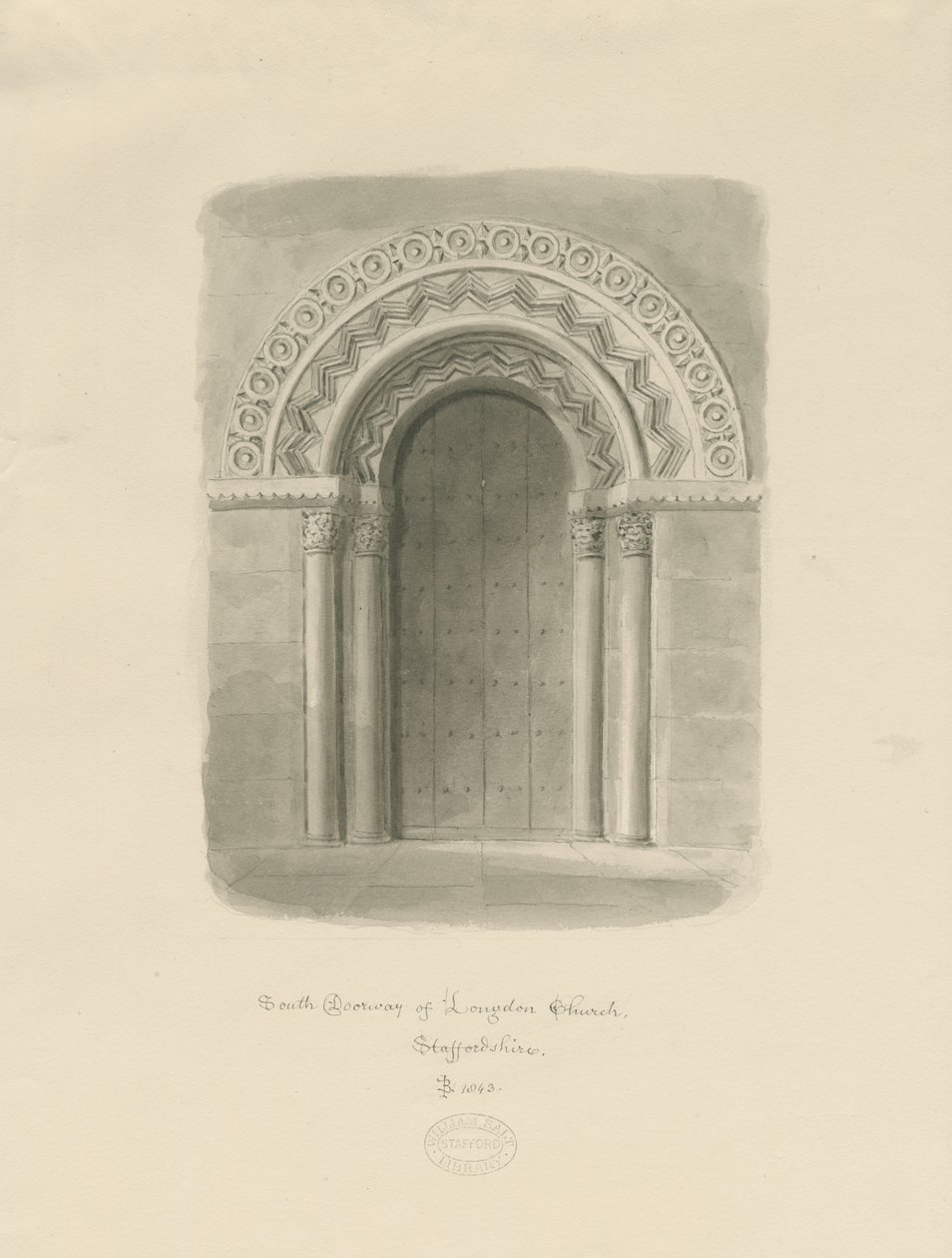 Longdon Church - South Doorway: sepia drawing by John Buckler