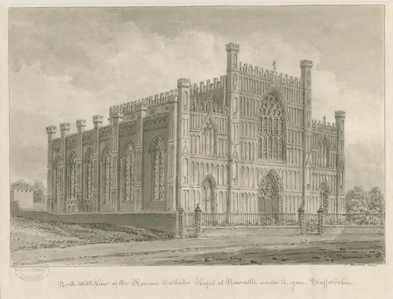 Newcastle-under-Lyme - Roman Catholic Chapel: sepia wash drawing, 1840 by John Buckler