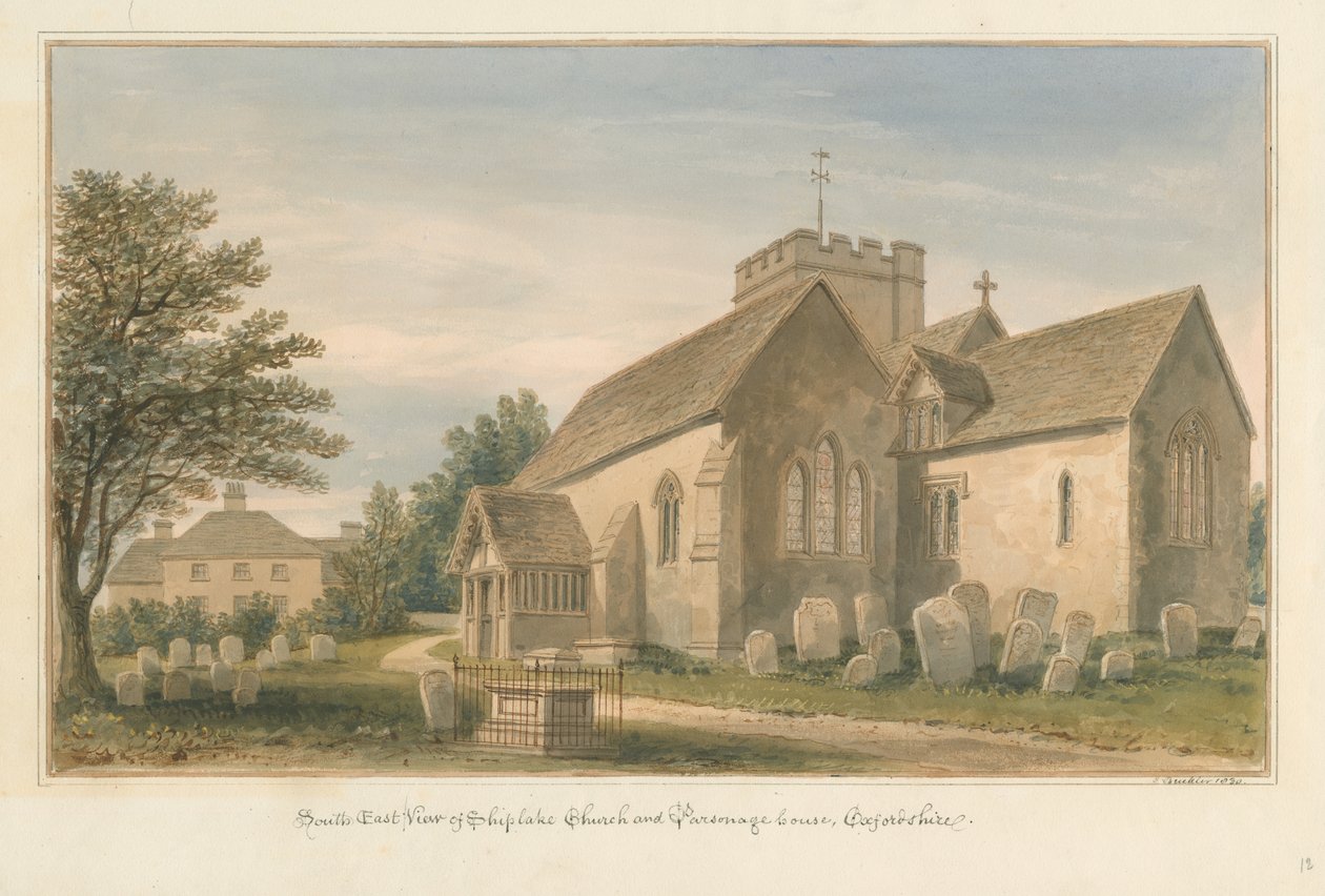 Oxfordshire - Shiplake Church and Parsonage House, 1830 by John Buckler