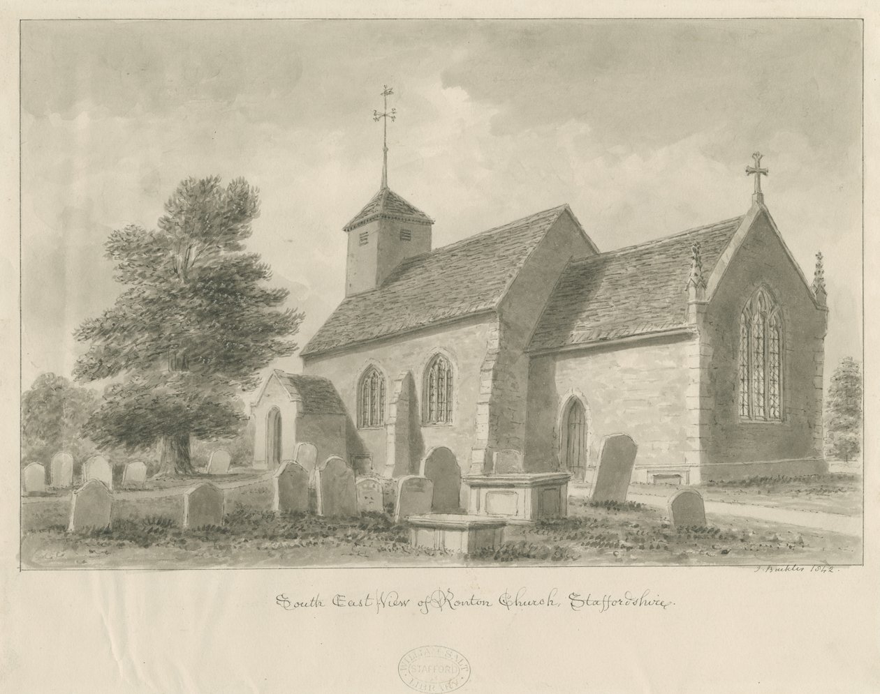 Ranton Church: sepia drawing, 1842 by John Buckler