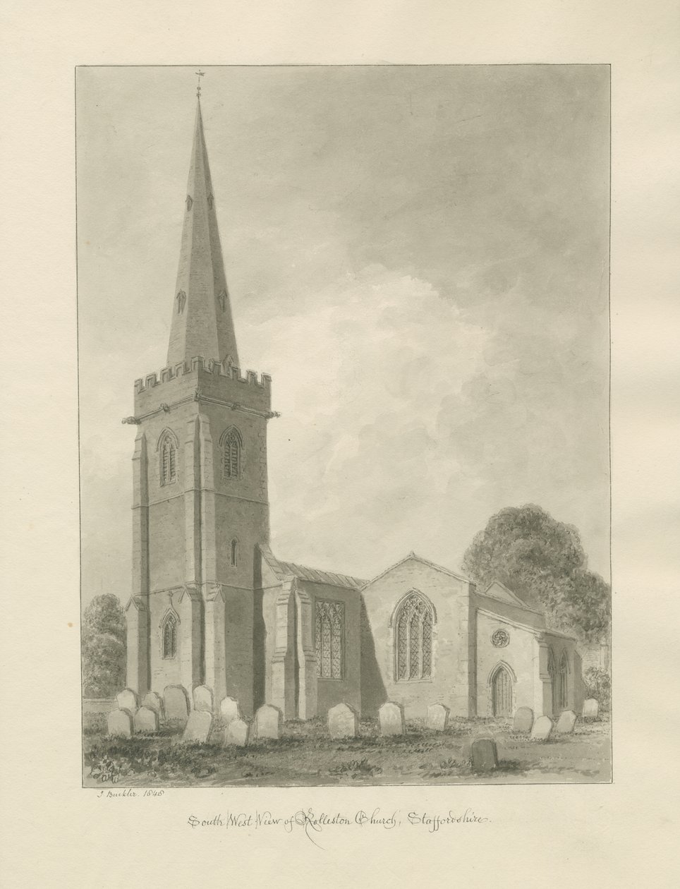 Rolleston Church: sepia drawing by John Buckler