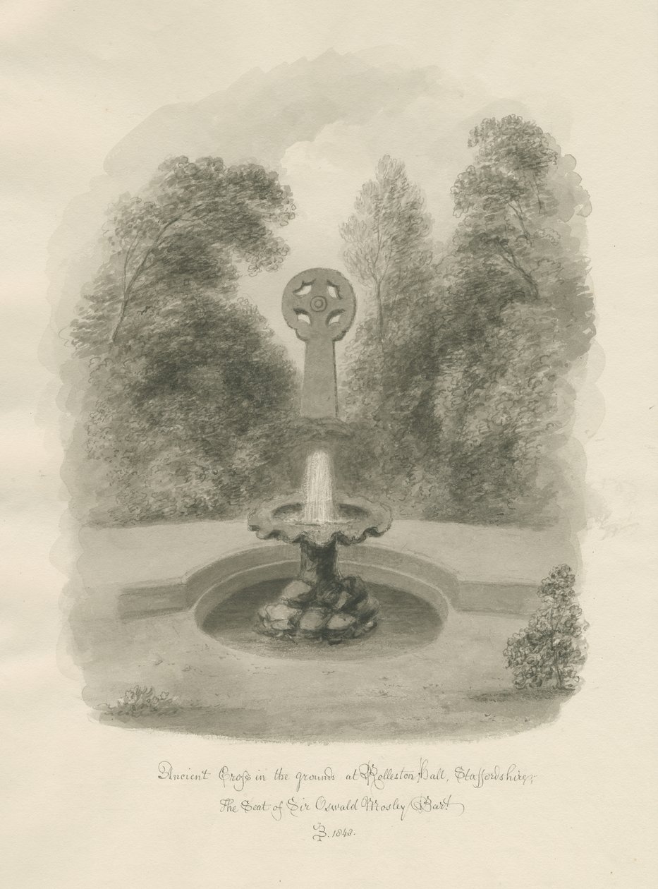 Rolleston Hall - Ancient cross: sepia drawing, 1848 by John Buckler