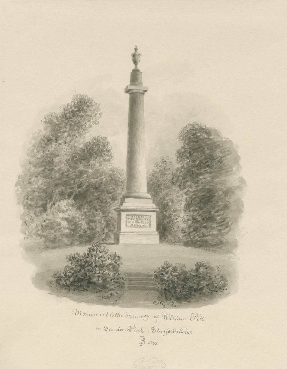 Sandon - Monument to William Pitt: sepia wash drawing by John Buckler