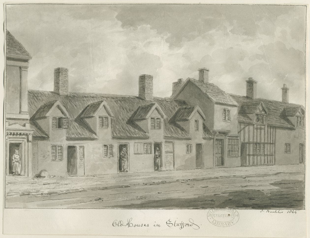 Stafford - Old Houses in Eastgate Street: sepia drawing, 1844 by John Buckler