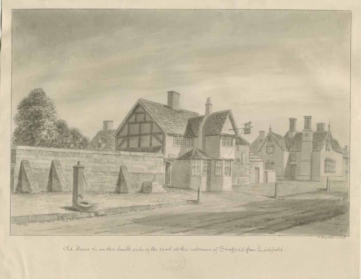 Stafford - The White Lion Inn: sepia drawing, 1842 by John Buckler