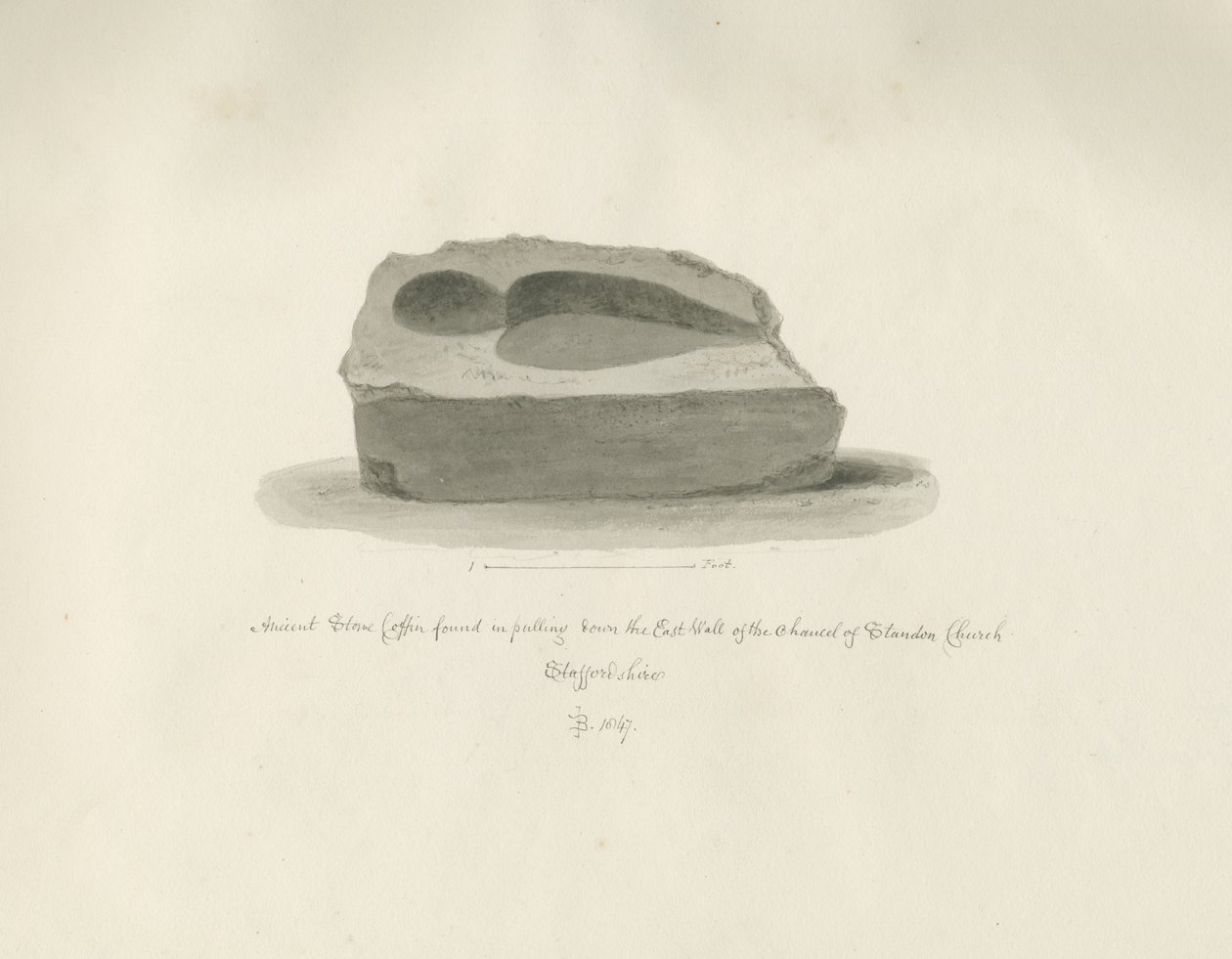 Standon Church: Ancient Stone Coffin: sepia drawing by John Buckler