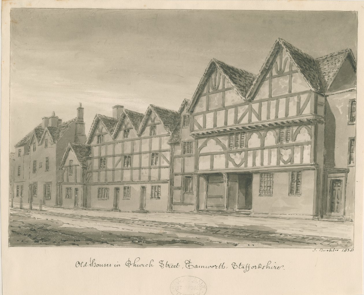 Tamworth - Old Houses in Church Street: sepia wash drawing, 1838 by John Buckler