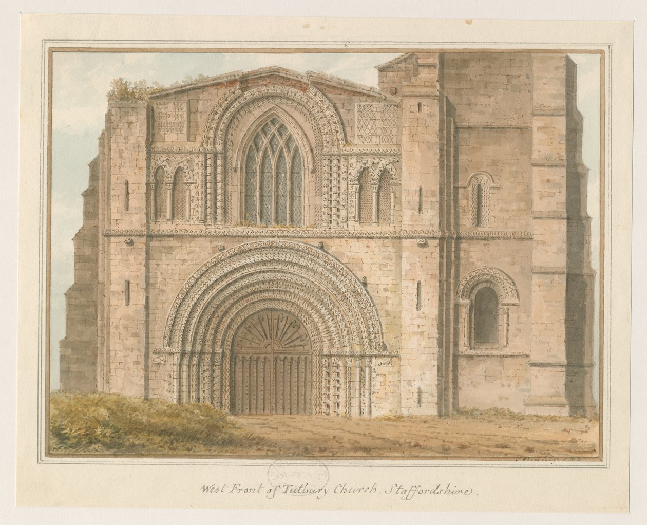 Tutbury Priory Church - West Front (watercolour painting, 1813) by John Buckler