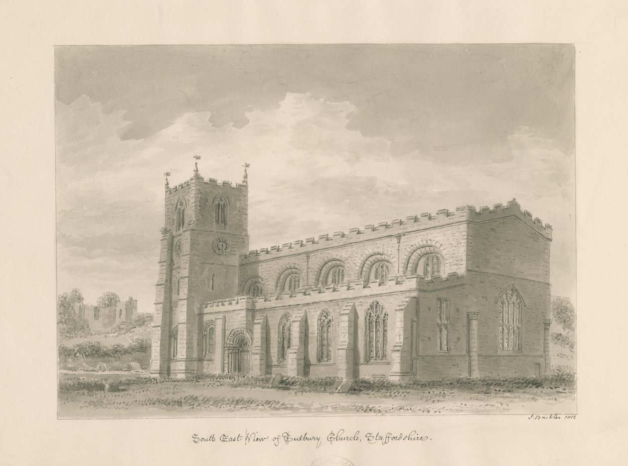 Tutbury Priory Church (sepia wash drawing, 1812) by John Buckler