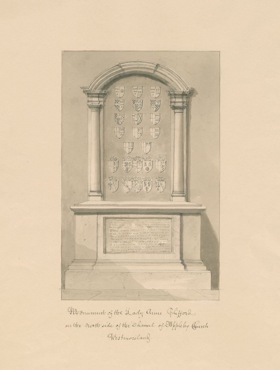 Westmorland - Appleby Church - Monument to Lady Anne Clifford: sepia drawing, 1800 by John Buckler
