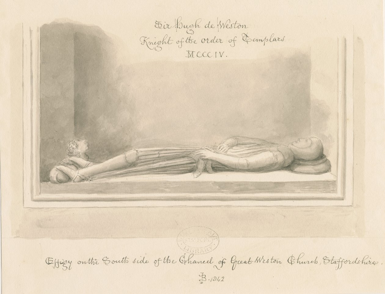 Weston-under-Lizard Church - Effigy of Sir Hugh de Weston, 1842 by John Buckler