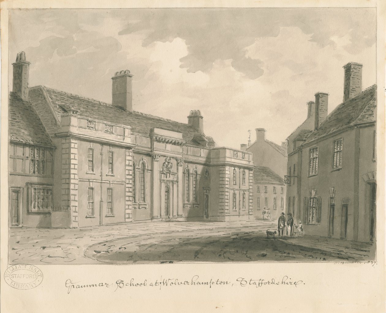 Wolverhampton - Grammar School: sepia drawing, 1837 by John Buckler