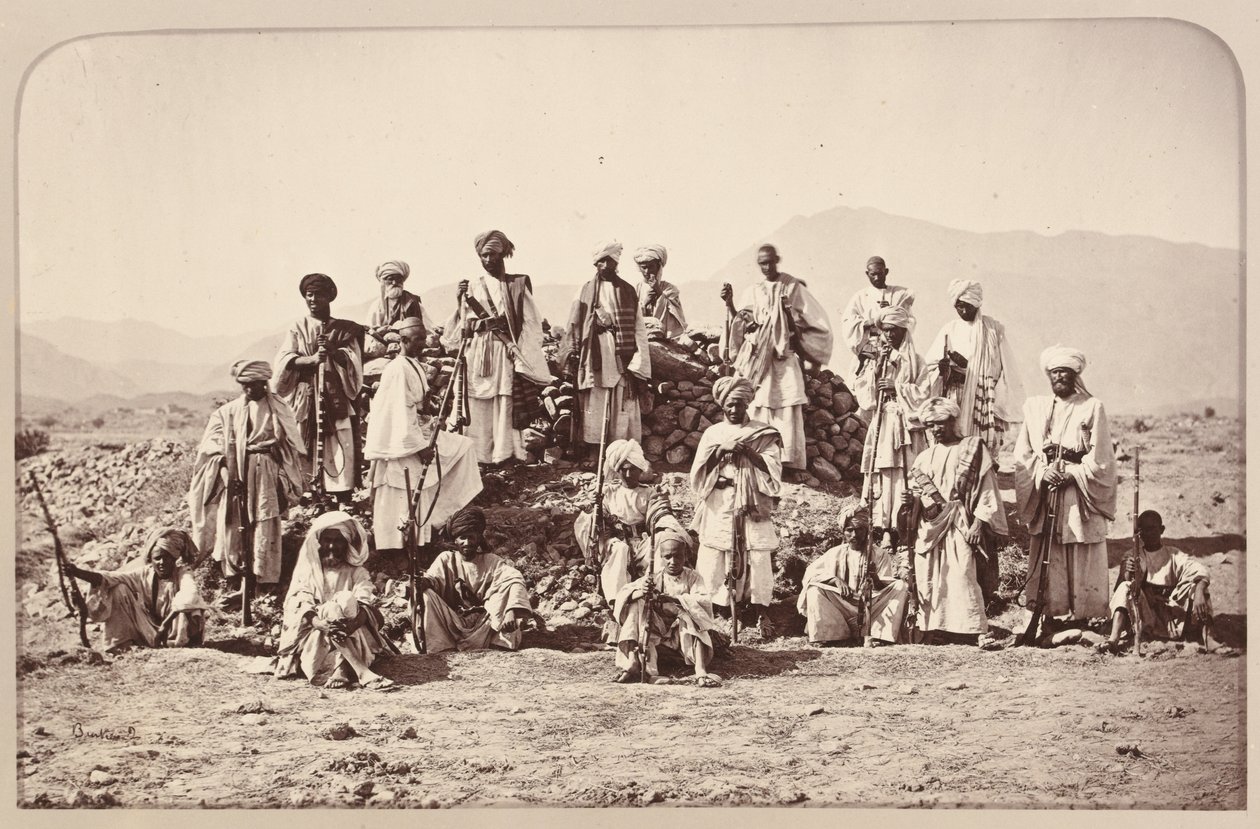 Afridi Picket near Jumrood, Khyber and Rotass in distance, 1879 circa by John Burke