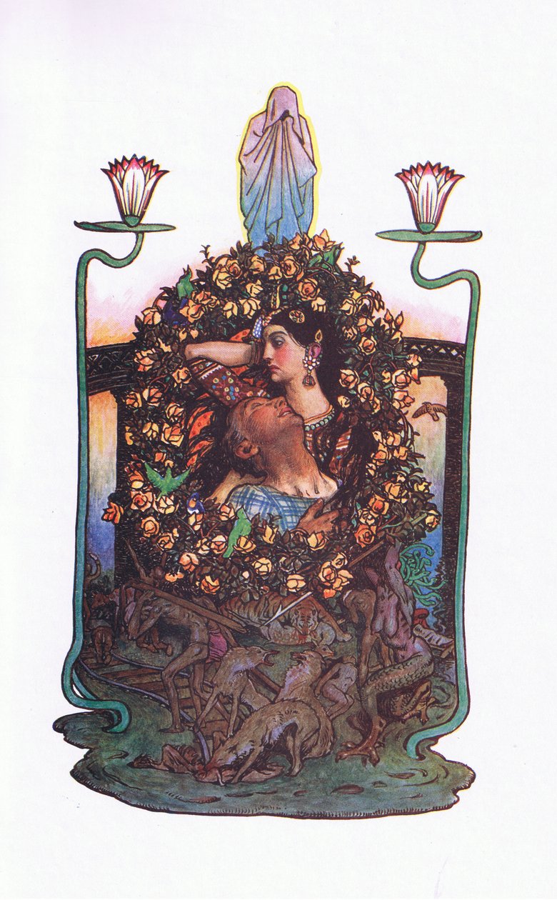 The garden by the bridge, illustration from The Garden of Kama (and other lyrics from India) by John Byam Liston Shaw