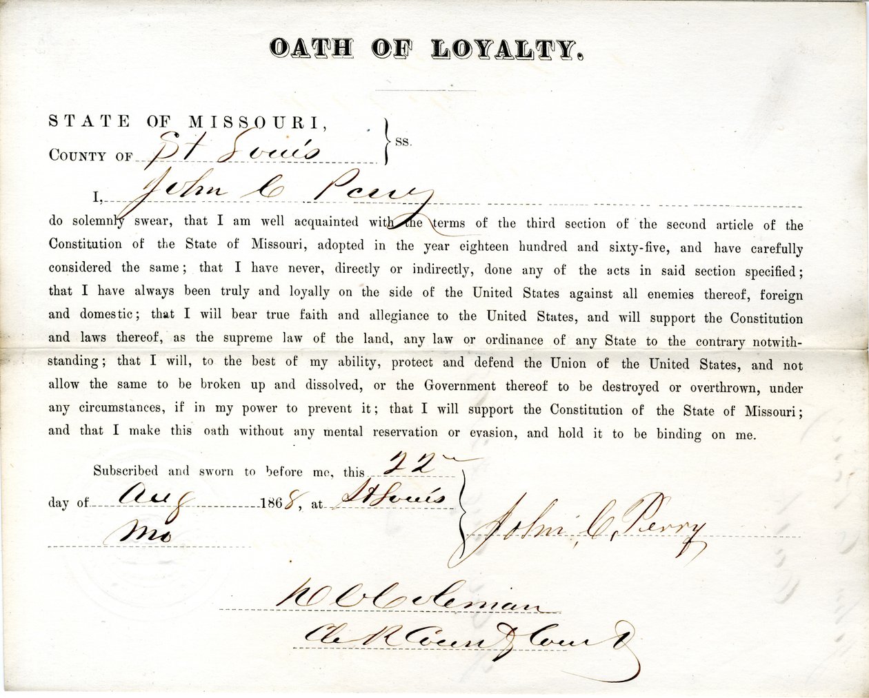 Loyalty oath of John C. Perry of Missouri, County of St. Louis by John C. Perry