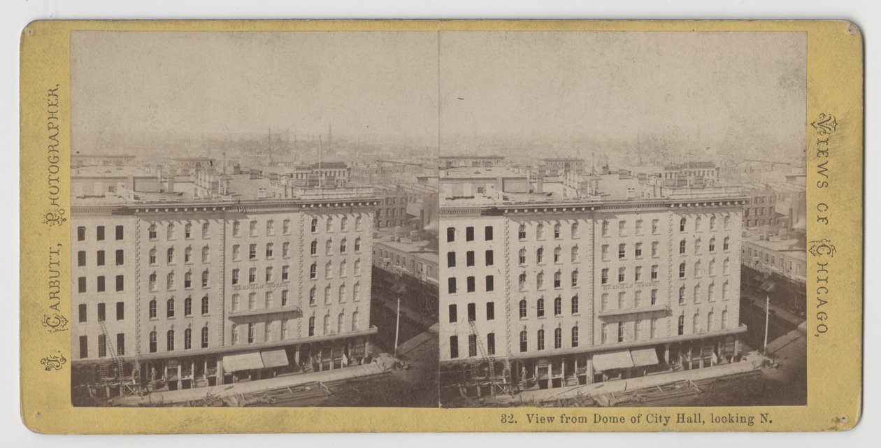 Stereograph of view from dome of City Hall looking north, before the Chicago Fire of 1871 by John Carbutt