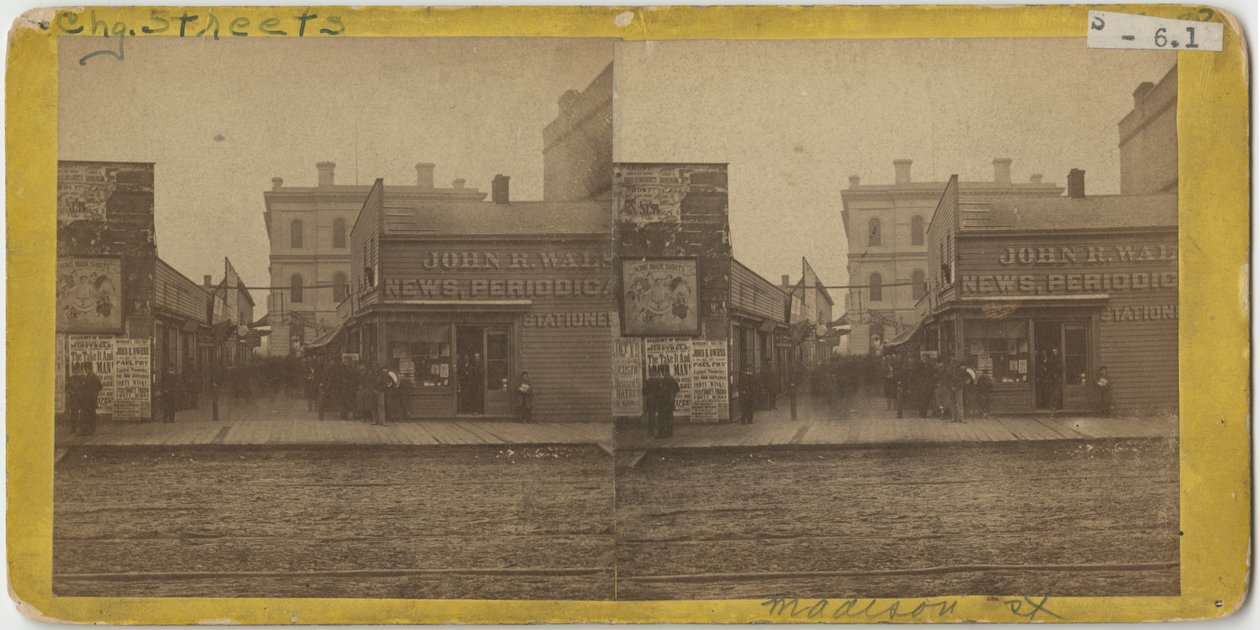 View of John R. Walsh Periodicals store on Madison Street, Chicago with the Post Office in the background, 1869 by John Carbutt