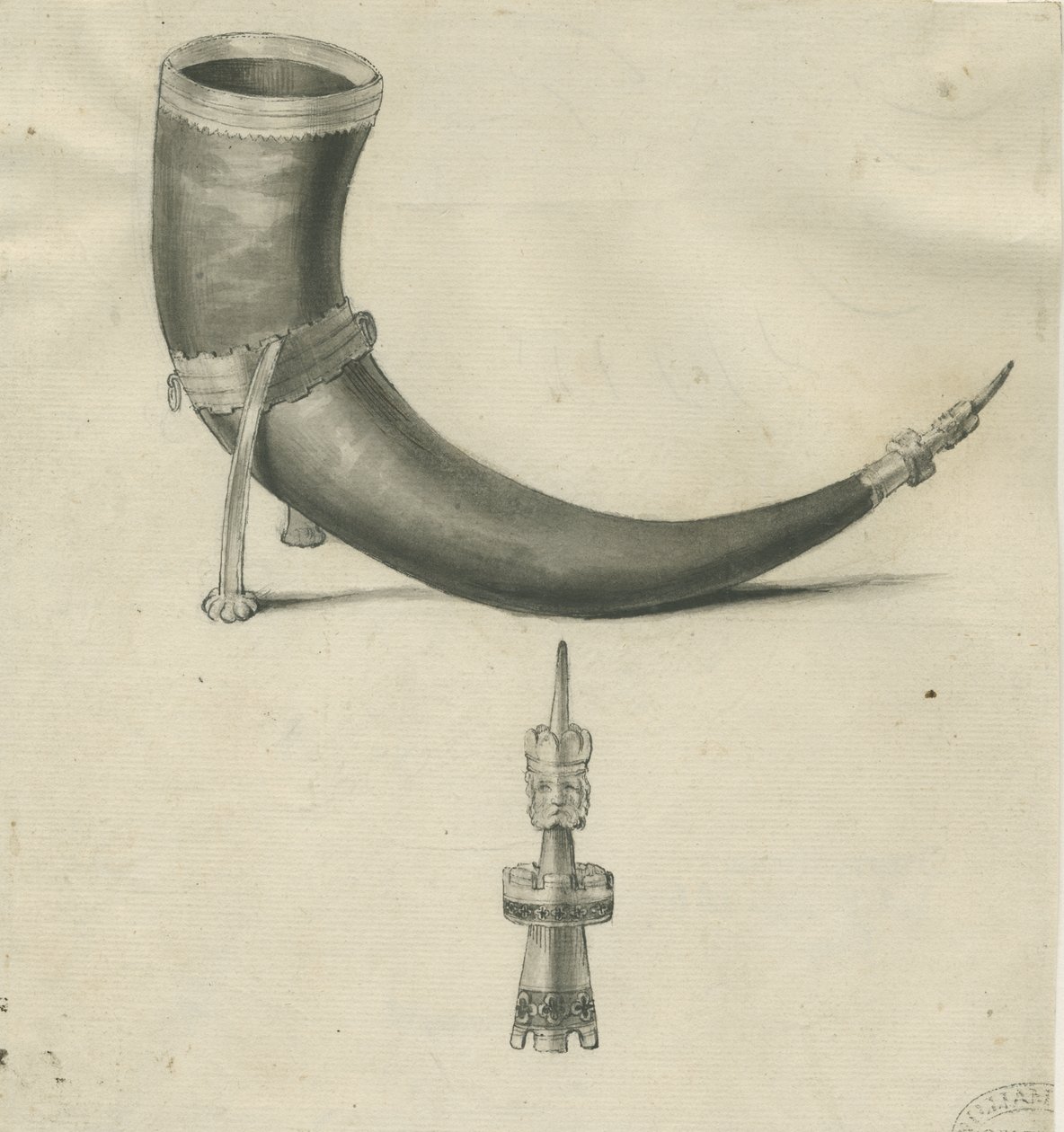 Lichfield - Drinking Horn: pen and sepia drawing by John Carter
