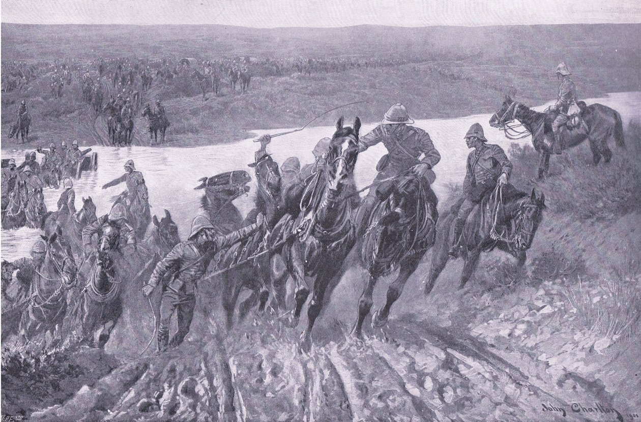 Artillery fording the Caledon at Karreepoort Drift (illustration from After Pretoria: The Guerilla War) by John Charlton