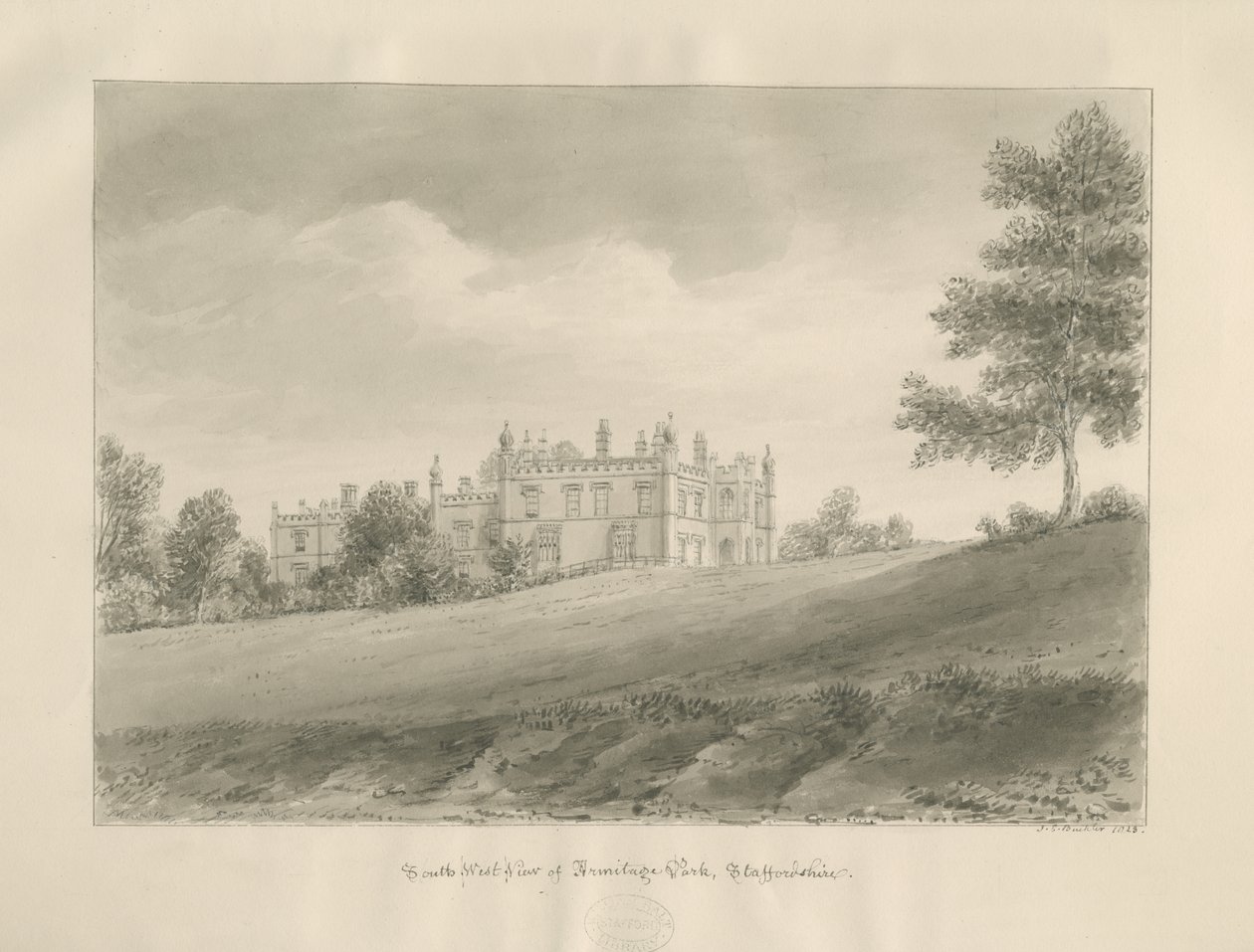 Armitage Park: Sepia Drawing by John Chessell Buckler