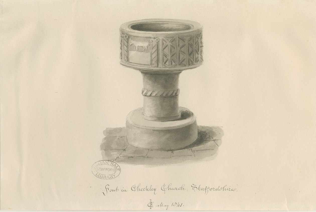 Font in Checkley Church by John Chessell Buckler