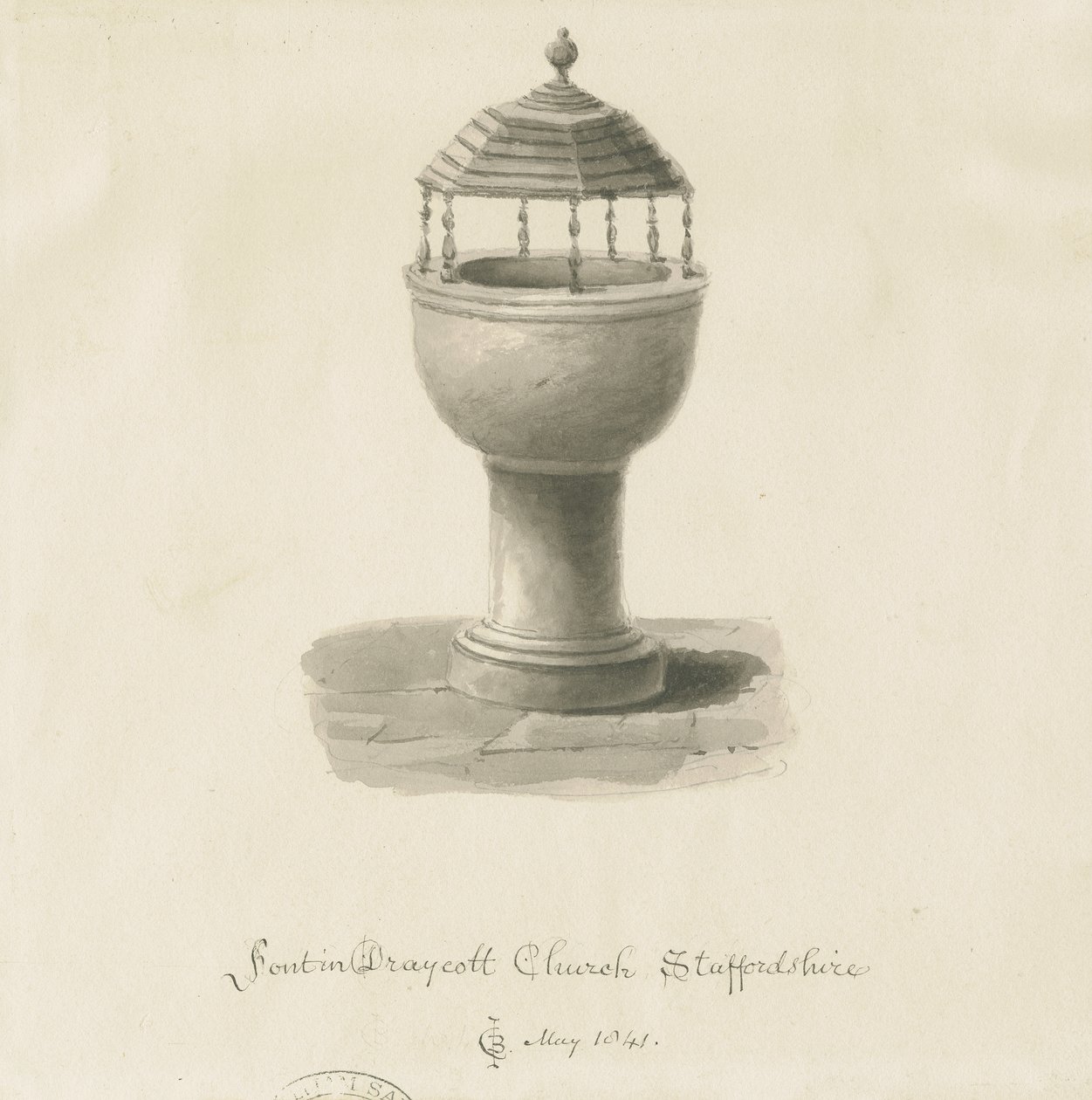 Font in Draycott in the Moors Church by John Chessell Buckler