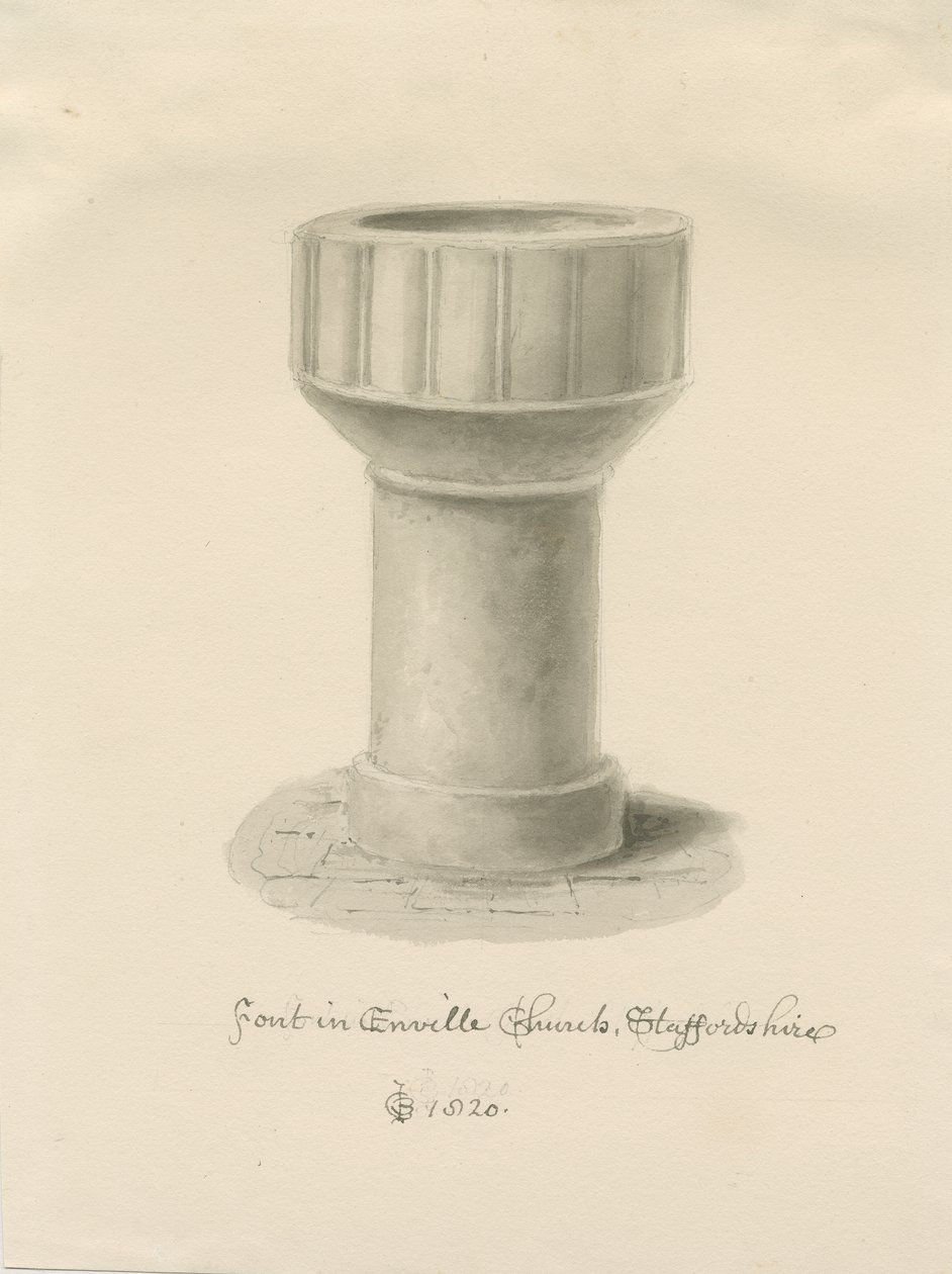 Font in Enville Church: sepia drawing, 1820 by John Chessell Buckler