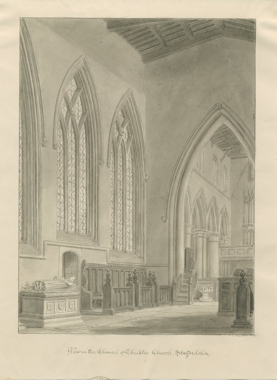 Interior of Checkley Church (sepia drawing), 1841 by John Chessell Buckler