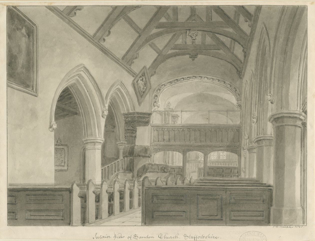 Interior of Sandon Church by John Chessell Buckler