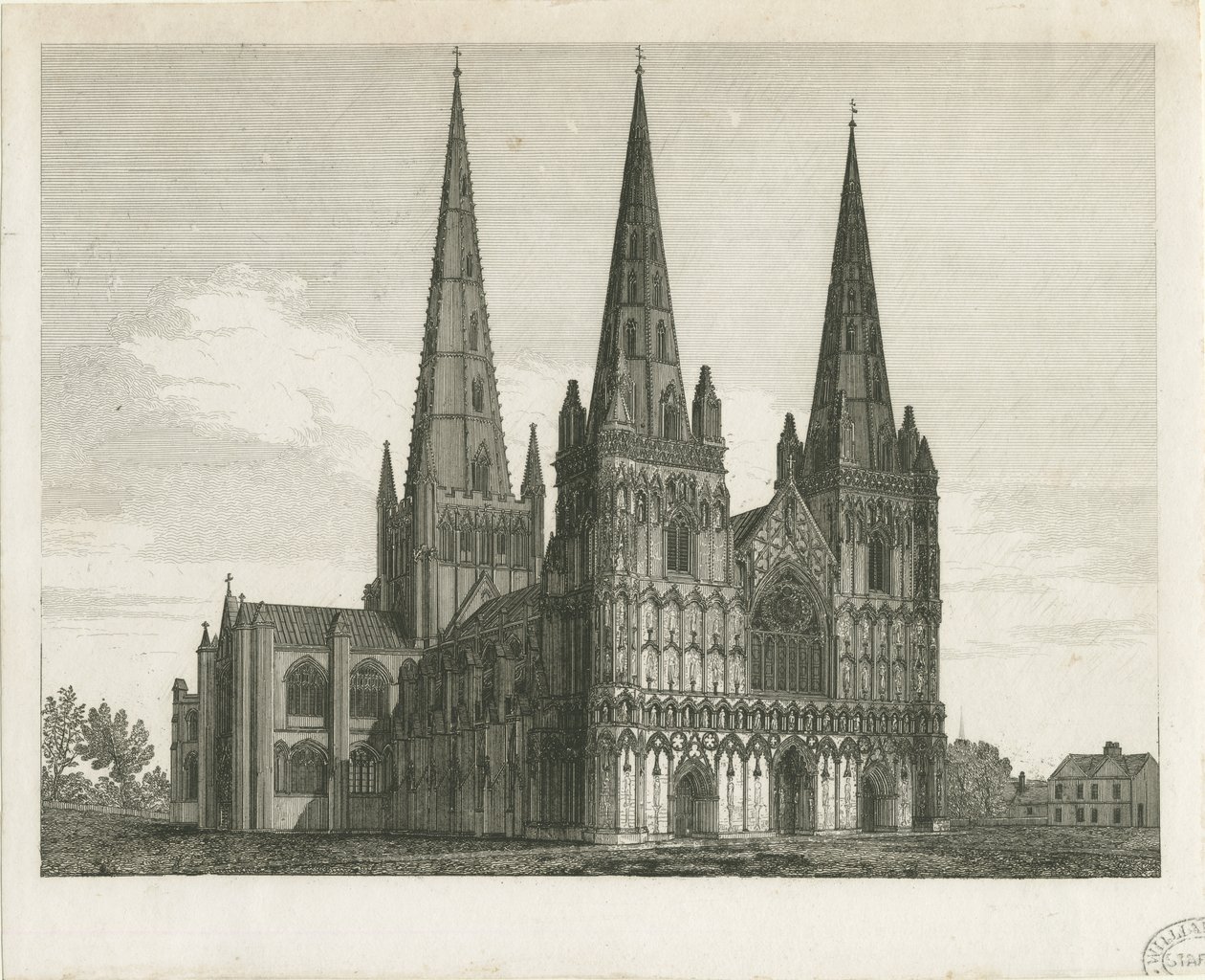 Lichfield Cathedral - West Front (engraving) by John Chessell Buckler