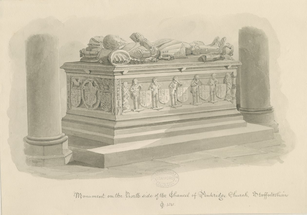 Penkridge Church - Tomb of Sir Edward Littleton: sepia drawing by John Chessell Buckler