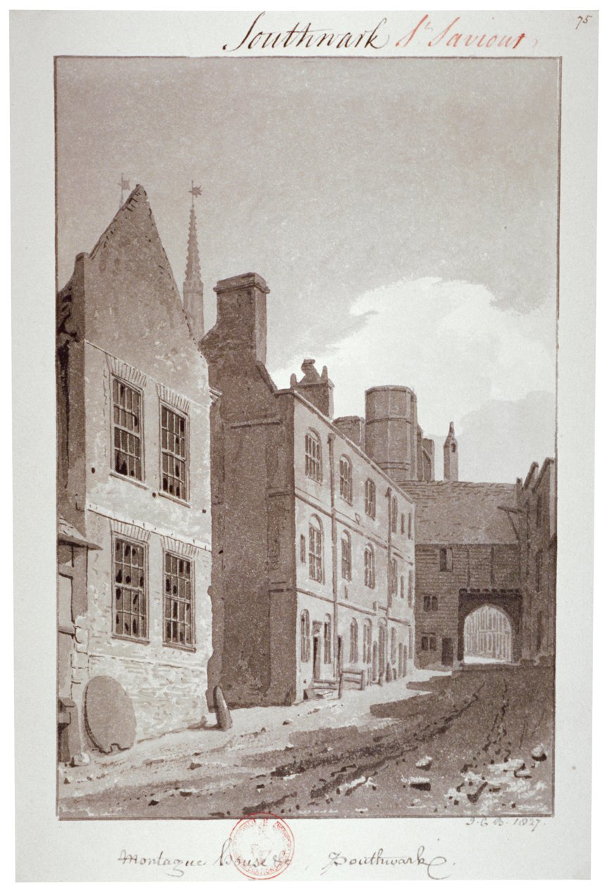 View looking towards the gateway of Montague House, Southwark, London, 1827 by John Chessell Buckler