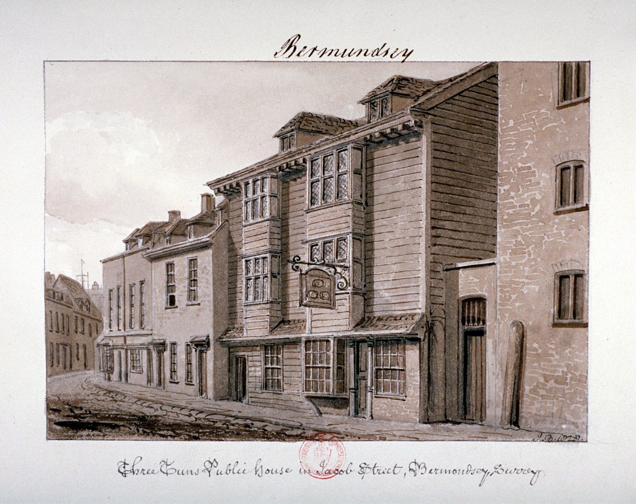 View of the Three Tuns Public House on Jacob Street, Bermondsey, London by John Chessell Buckler