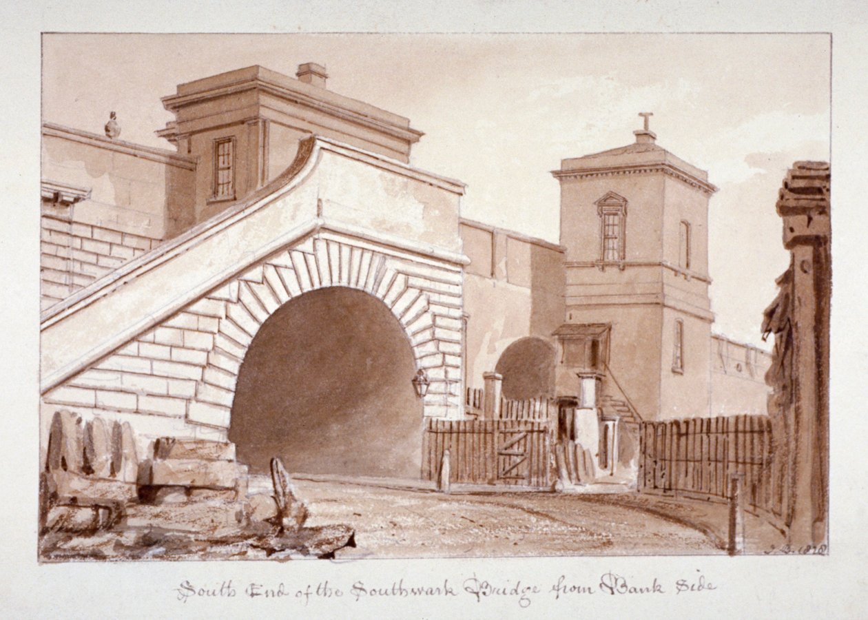 View of the south end of Southwark Bridge from Bankside, Southwark, London, 1828 by John Chessell Buckler