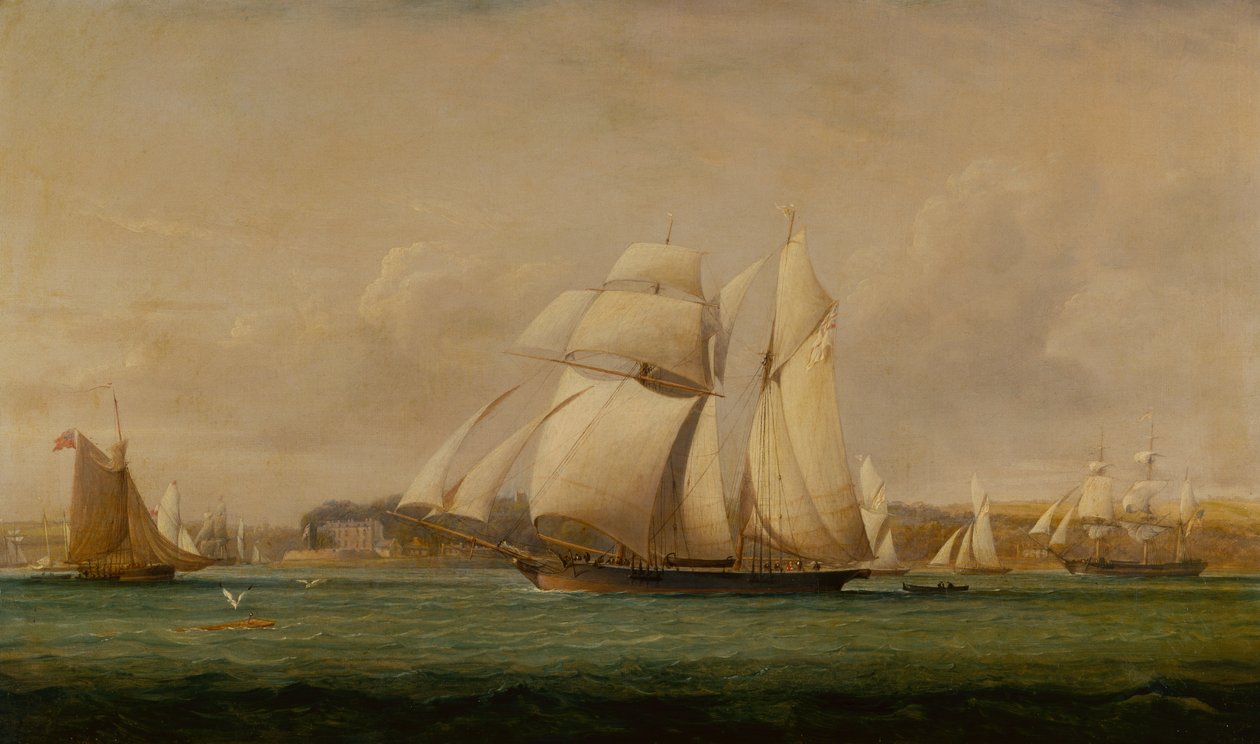 A Top Sail Schooner, Two Royal Yacht Squadron Cutters and an American Merchant Ship by John Christian Schetky