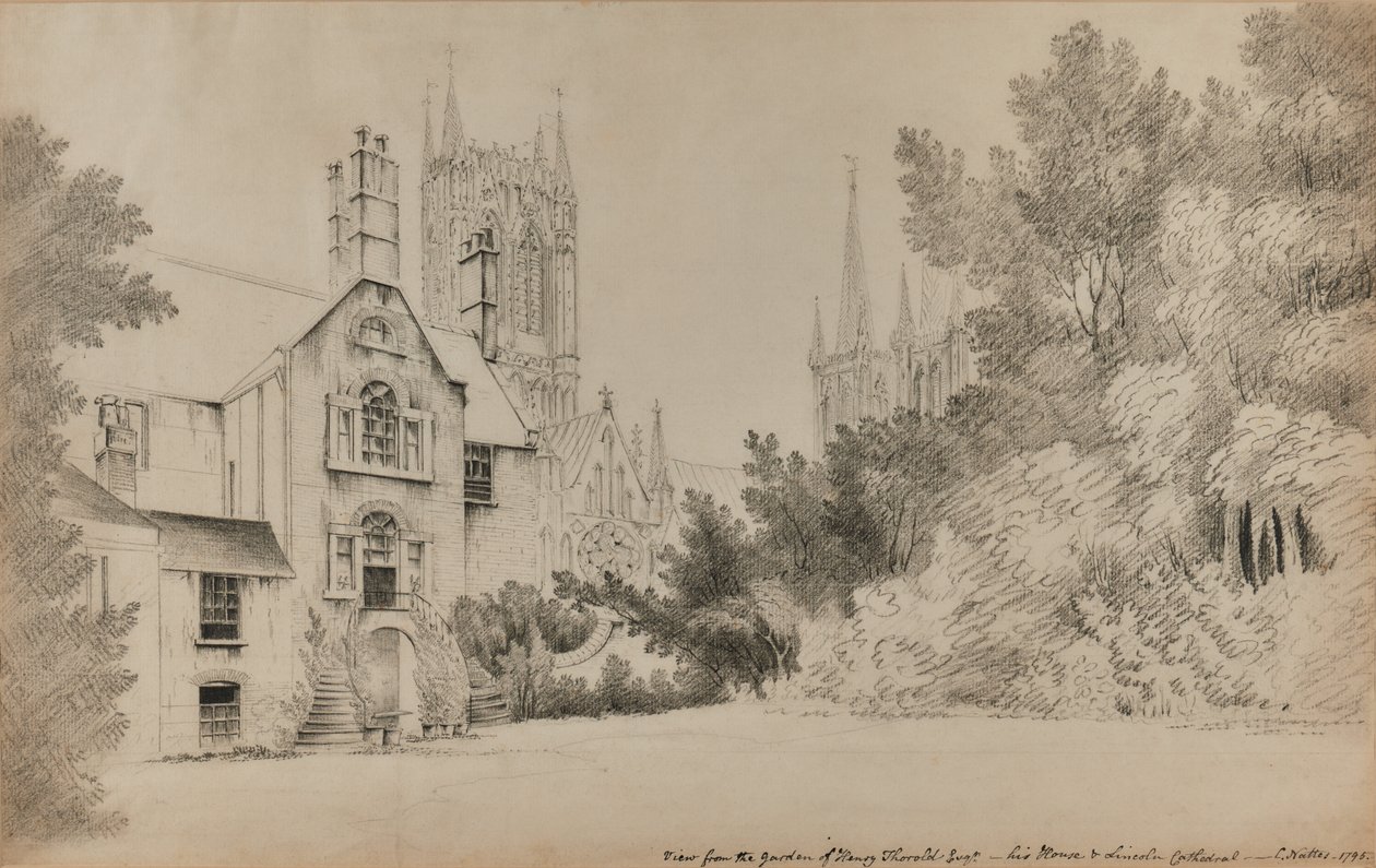 View from the Garden of Henry Thorold, Esq., His House & Lincoln Cathedral by John Claude Nattes